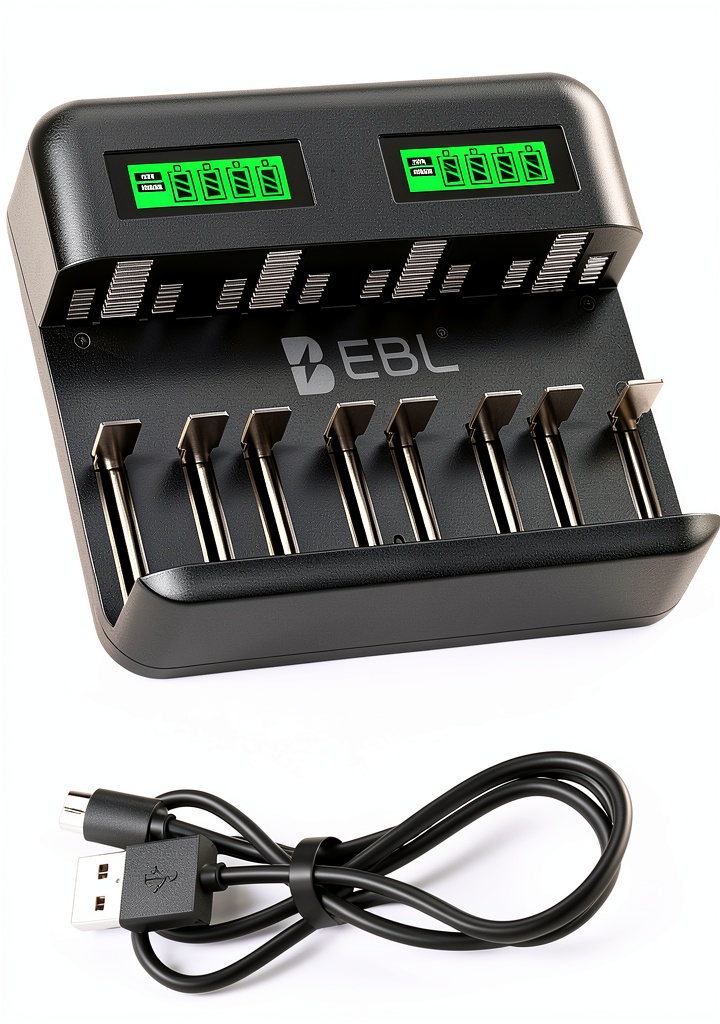 EBL LCD battery charger displaying charging status on a desk