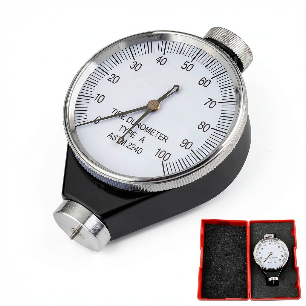 Frdhee Type A durometer displaying clear dial scale on a workbench