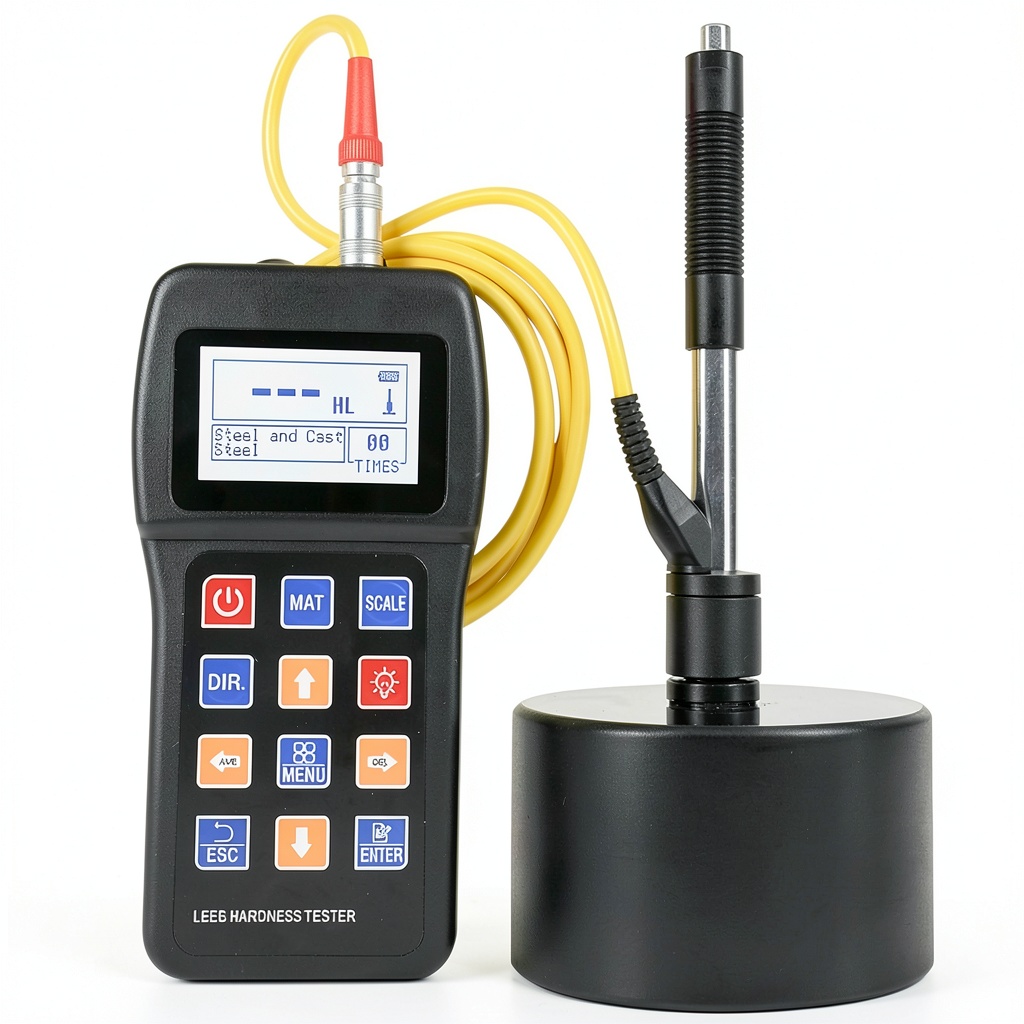 'Leeb Hardness Tester displaying hardness measurement on backlit screen'