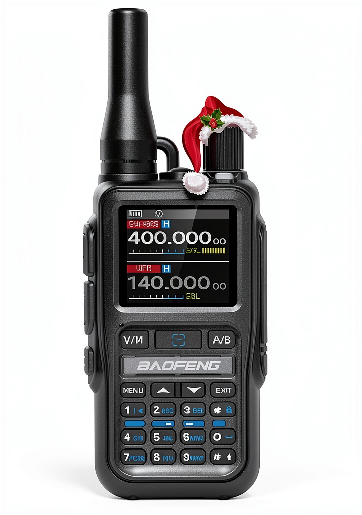 Baofeng UV-5R Mini ham radio with accessories on a table