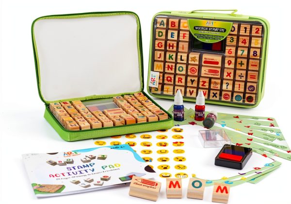 Kids Stamp Set Art with Smile Alphabet Numbers Washable Ink Case-0