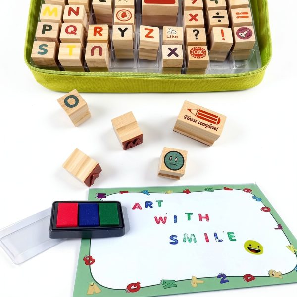 Kids Stamp Set Art with Smile Alphabet Numbers Washable Ink Case-4
