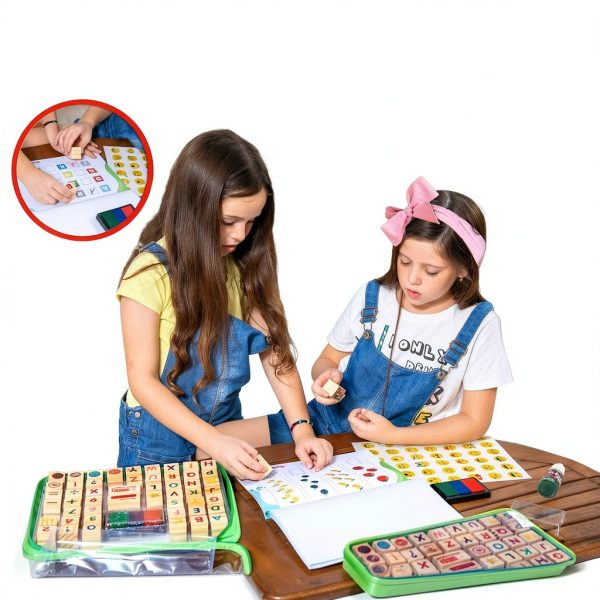 Kids Stamp Set Art with Smile Alphabet Numbers Washable Ink Case-6